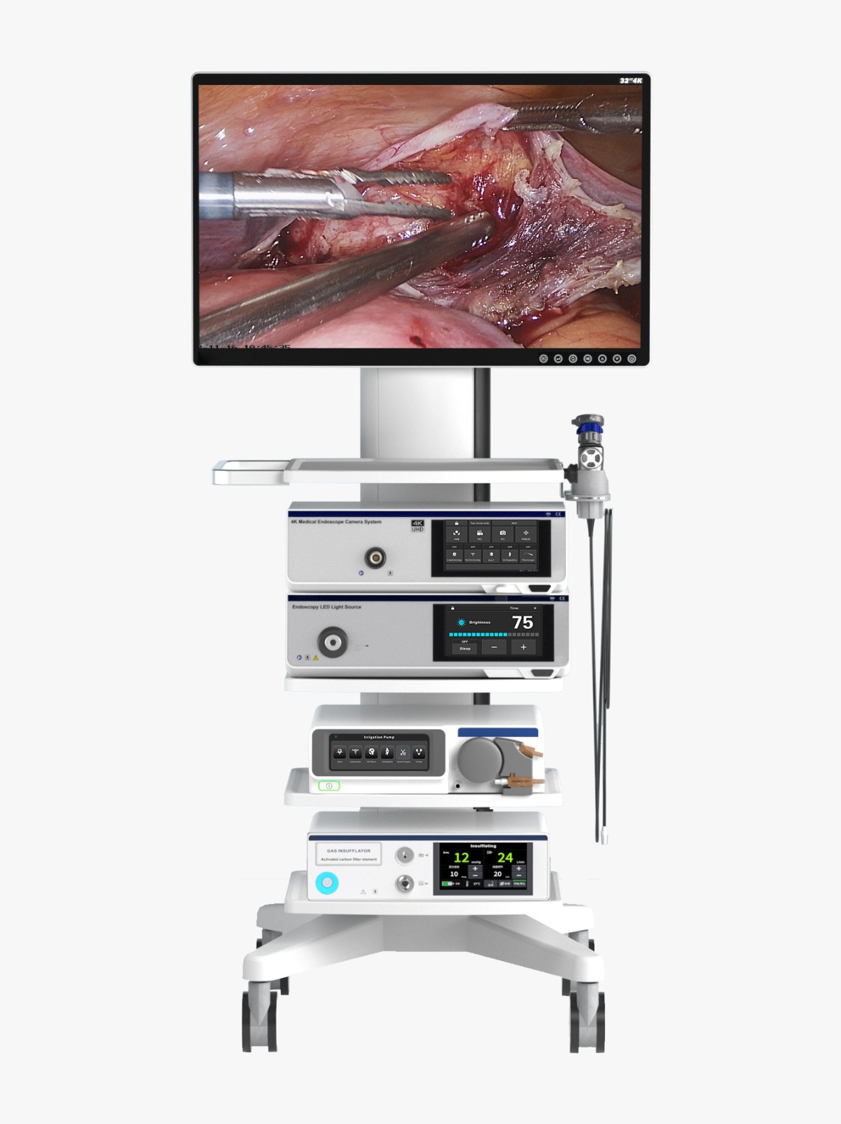 4K UHD endoscopy tower with monitor, camera system, LED light source, irrigation pump and insufflator